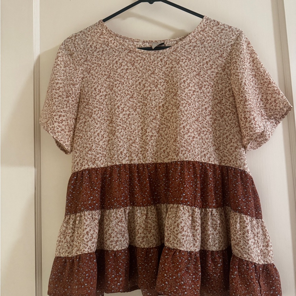Paper Crane Floral Tiered Blouse in Brown and Cream